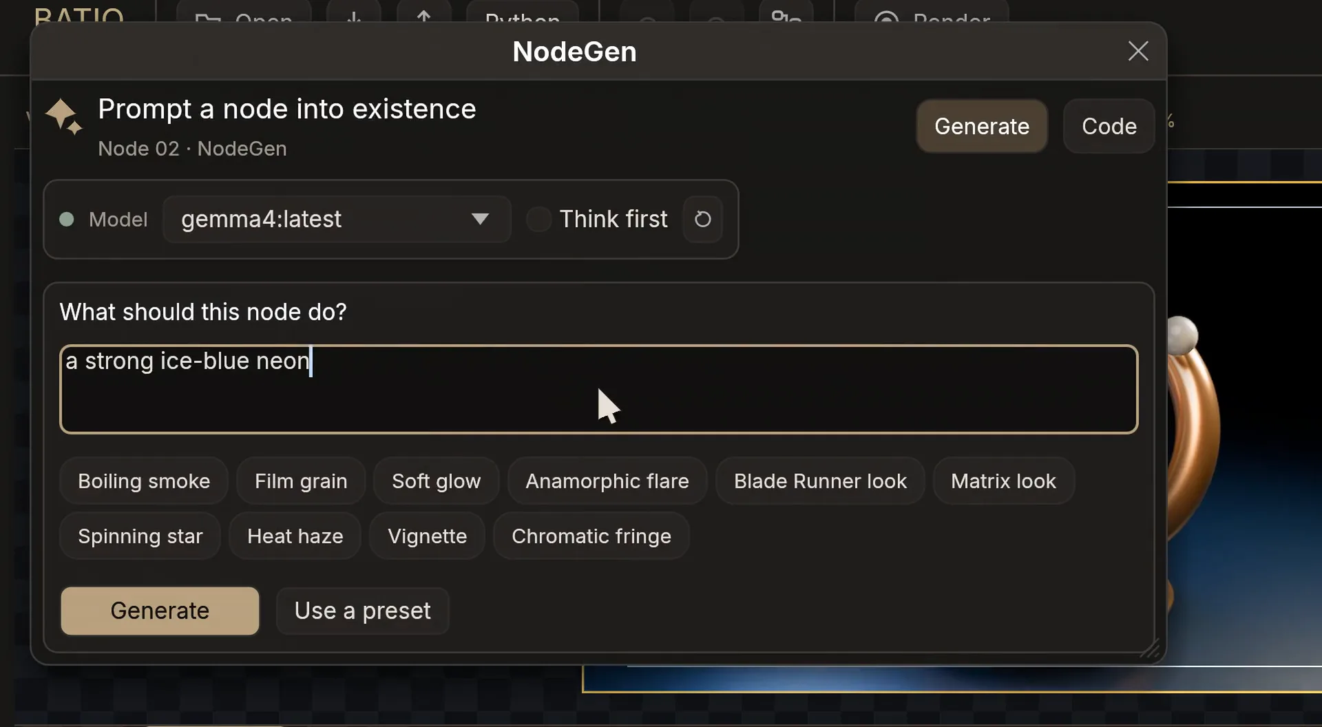 NodeGen controls in BATIQ
